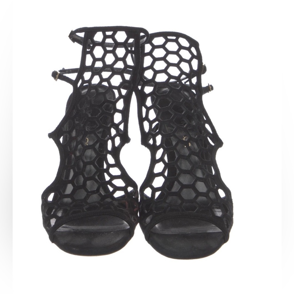 Tamara Mellon black suede laser cut mesh heeled sandals size 38